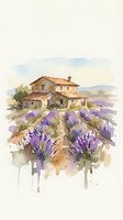 Watercolor painting of rustic stone farmhouse surrounded by purple lavender fields in countryside landscape with soft brushstrokes and artistic drips.