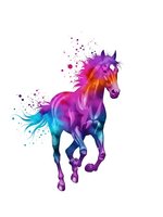 Vibrant gradient unicorn galloping with colorful splashes and particles on white background for fantasy designs and magical themed projects.
