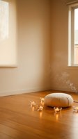 Serene meditation corner with cushion and candles on wooden floor in warm sunlit room for mindfulness practice and relaxation.