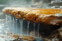 Frozen icicles hanging from orange rocky ledge with flowing water creating natural winter waterfall formation in misty atmospheric setting.