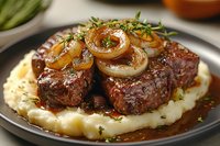 Grilled beef steak with caramelized onions served on creamy mashed potatoes garnished with fresh herbs on white plate for restaurant menu and cooking.