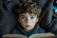 Young boy with striking blue eyes wearing cozy knit sweater lying on gray blanket while reading book, close up portrait in natural lighting with soft dreamy atmosphere.