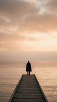 Solitary figure in dark coat standing at end of wooden pier extending into calm ocean waters during golden hour sunset, conveying contemplation and solitude for editorial and lifestyle use.
