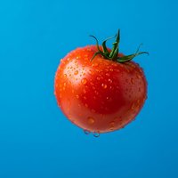 Fresh ripe red tomato with water droplets on vibrant blue background for culinary and healthy eating concepts.