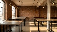 Modern industrial loft office space with exposed brick walls, large windows, wooden tables and metal frames for coworking or startup workspace design.