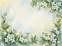 Watercolor floral frame with white flowers and green leaves on soft pastel background for wedding invitations and spring designs.