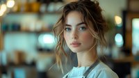 Young woman with messy updo hairstyle and natural makeup in white blouse against blurred cafe interior with soft bokeh lights in background.