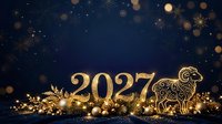 2027 gold numerals with decorative ram figure and snowflakes on dark blue background, suitable for New Year celebrations and holiday greeting cards.
