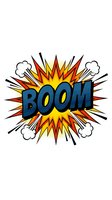 Comic book explosion with BOOM text in blue letters surrounded by yellow and red burst rays with white smoke clouds on isolated background.