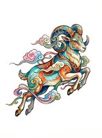Colorful ornate ram leaping with swirling clouds in Asian folk art style, isolated on transparent background, ready for t-shirt design, stickers, and print on demand.