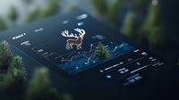 Mobile interface showing deer icon and analytics graph on dark screen with blurred nature background, modern app dashboard design for environmental monitoring.