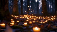 Magical forest path illuminated by hundreds of glowing candles creating warm atmospheric lighting among tall trees in mystical woodland setting.