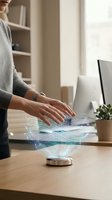 Woman in casual gray sweater interacting with holographic data visualization on wooden desk, modern office setting with computer and potted plant, representing digital technology and innovation.