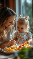 Young woman and toddler girl in floral dress preparing colorful vegetables together by window with natural light, creating healthy family meal.