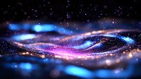 Magical glowing waves with sparkles in dark space, flowing abstract light trails in blue and purple colors with bokeh particles and cosmic dust.