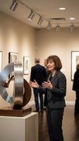 Middle-aged Caucasian woman art curator explaining modern sculpture to visitors in contemporary gallery with track lighting and framed artwork.