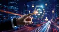 Businessman touching digital justice scale interface with people icons in futuristic city background representing legal technology solutions.
