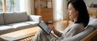 Asian woman relaxing at home using digital tablet in comfortable modern living room with natural lighting for remote work or entertainment.