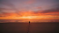 Solitary figure walking on empty beach at sunset with dramatic orange and pink sky reflecting on wet sand creating peaceful meditation moment.