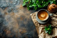 Fresh cappuccino cup with heart-shaped foam on craft paper, green leaves and ceramic pot on dark textured background with copy space.