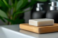 Luxury soap bar on wooden tray in modern bathroom with green plant and black dispensers creating spa-like atmosphere for wellness and self-care routines.