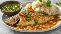 Grilled whole fish with spicy sauce, rice and herbs on white plate. Traditional Asian cuisine with cilantro garnish and green chili dip for restaurant menu.