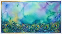Watercolor peacock feathers border with vibrant blue green purple background. Decorative frame design for invitations, cards, artistic projects.