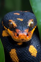 Close-up portrait of black and orange snake head showing detailed scales, eyes, and patterns against blurred green background. Dramatic macro photography of reptile.