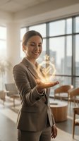 Smiling businesswoman in gray suit holding glowing award symbol with stars in modern office space representing achievement and success in corporate environment.