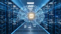 Digital brain with circuit patterns and CPU core in modern data center server room representing artificial intelligence and machine learning technology.