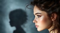 Young woman in profile with dramatic shadow silhouette on blue background, artistic portrait showing duality and reflection concept for psychology themes.