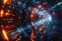 Futuristic digital tunnel with glowing orange and blue light effects creating depth perspective in dark technological environment.