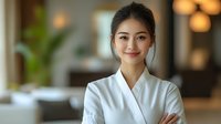 Young Asian woman spa therapist in white uniform smiling warmly at luxury wellness center. Professional portrait with soft lighting and blurred background.