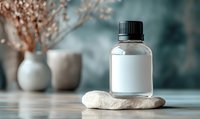 Clear glass bottle with blank white label on natural stone against blurred teal background with decorative vases, minimalist spa and wellness composition.