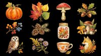 Autumn harvest collection with pumpkin, fall leaves, mushroom, acorns, berries, pinecone, owl, wildflowers, mason jar, teacup, and seasonal foliage isolated on transparent background. Ready for t-shirts, stickers, clipart, sublimation, and print-on-demand designs.