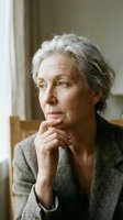 Mature woman with gray hair in thoughtful pose, hand to chin, wearing olive cardigan, seated indoors with natural window light, contemplative expression suitable for editorial and lifestyle content.