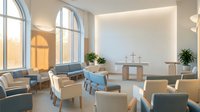 Modern minimalist chapel interior with wooden cross, contemporary seating and large arched windows creating peaceful worship space for meditation and prayer.