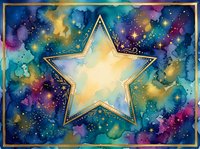 Watercolor galaxy background with golden star frame, glowing cosmic nebula in blue, teal, and purple tones with sparkling stars for cards and posters.