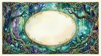 Ornate fantasy frame with mystical forest elements and golden oval center space for text or design on enchanted background.