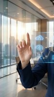 Businessman touching digital cloud computing interface with AI brain icons in modern office environment for technology presentations.