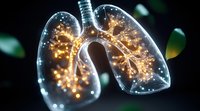 Glowing anatomical lungs with illuminated bronchial tree branches against dark background, depicting respiratory system health and medical science concept.