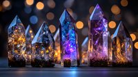 Magical crystal quartz points with glowing purple and blue inclusions against warm bokeh background, creating mystical healing atmosphere for spiritual practices.