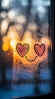 Smiling face with heart eyes drawn on foggy window glass against warm sunset bokeh background, water drops creating romantic atmosphere on cold rainy day.