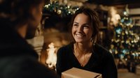 Young woman smiling while receiving gift box during Christmas celebration at home with decorated tree and fireplace in cozy living room atmosphere.