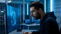 Focused young Caucasian male IT specialist analyzing global network data on monitor in modern server room with blue neon lighting.