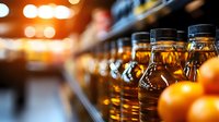 Amber glass bottles filled with golden liquid lined up on store shelf with warm bokeh lighting creating cozy shopping atmosphere for retail display.