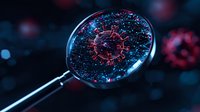 Magnifying glass revealing glowing red virus cell structure against dark background with blue particles, scientific research concept for medical presentations.