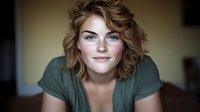 Young Caucasian woman with curly blonde hair and natural makeup wearing olive green t-shirt smiling at camera against blurred background, close up portrait with soft lighting.