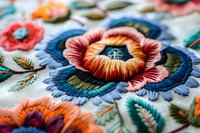 Vibrant floral embroidery detail with coral, navy blue and olive green threads on white fabric, showcasing intricate needlework and traditional folk art pattern.