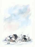Watercolor winter village with snow-covered houses and evergreen trees beneath soft blue and gray cloudy sky. Suitable for seasonal greeting cards and holiday designs.